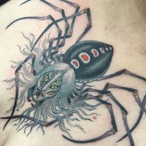 Tattoo by Kapten Hanna #KaptenHanna #monstertattoo #spider #ladyhead #lady #Japanese #horns #blackandgrey #strange #surreal #creature #yokai