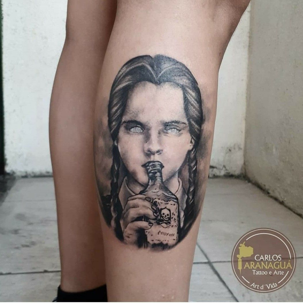 Chupacabra Wednesday Addams tattoo done by Javier Antunez ownerartist of  Tattooed Theory in Miami Florida  rtattoo
