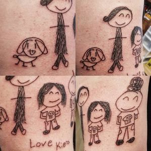 A recreation of a family portrait, drawn by the client's daughter, on the client's right upper arm
