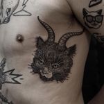 Tattoo by Andrey Kichatiy #AndreyKichatiy #monstertattoo #blackwork #illustrative #cat #kitty #horns #darkart #creature #mythicalcreature