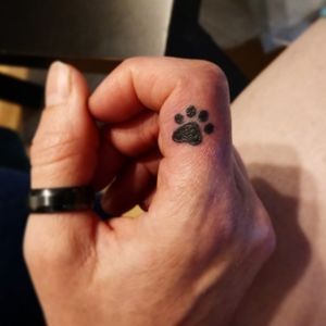 A tiny cat paw on the inside of the client's right index finger