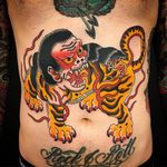 Tattoo by Kiku Punk #kikupunk #monstertattoo #color #traditional #Japanese #mashup #tiger #junglecat #gorilla #snake #mythicalcreature #fire