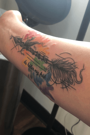 My swedish tattoo for my grandfather, also ties with grandmothers heritage of cherokee indian with the bow and arrow, then gay pride with the water colors, also says “you keep me sane” for my bestfriend 