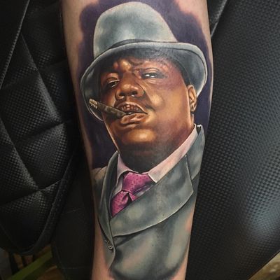 Notorious BIG Tattoo by Alex Rattray #AlexRattray #realism #realistic #hyperrealism #portrait #popculture #rapper #NotoriousBIG #famous #memorialtattoo #music #musictattoo