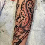 Tattoo by Boone Naka #BooneNaka #monstertattoo #illustrative #redink #blackink #linework #dotwork #lizard #portrait #creature #pattern #strange #surreal