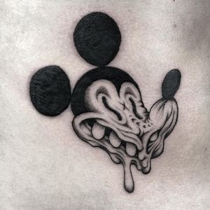 Tattoo by Skeleton Jelly #SkeletonJelly #MickeyMousetattoo #MickeyMouse #Disney #mouse #animal #cartoon #blackwork #surreal #strange #melting #death