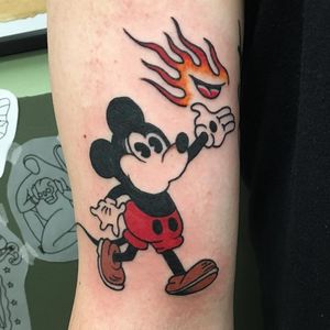Tattoo by Jay Soos #JaySoos #MickeyMousetattoo #MickeyMouse #Disney #mouse #animal #cartoon #surreal #strange #color #traditional #fire