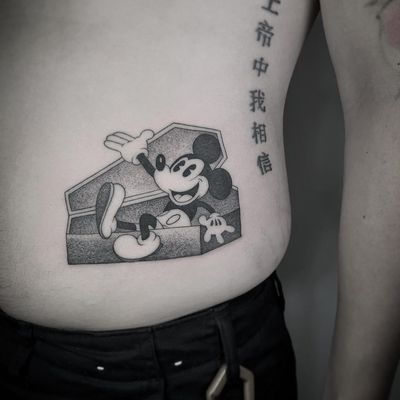 Tattoo by Nathan Kostechko #NathanKostechko #MickeyMousetattoo #MickeyMouse #Disney #mouse #animal #cartoon #blackandgrey #illustrative #coffin #death