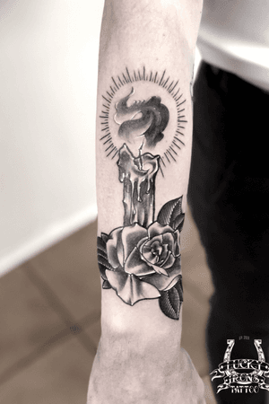 A rose and candle I got to to at Lucky Irons Tattoo in Copenhagen. For booking info please email doye.gareth@gmail.com • #tattoos #tattoo #rosetattoo #candletattoo #bng #tattoooftheday #blackwork #neotrad 