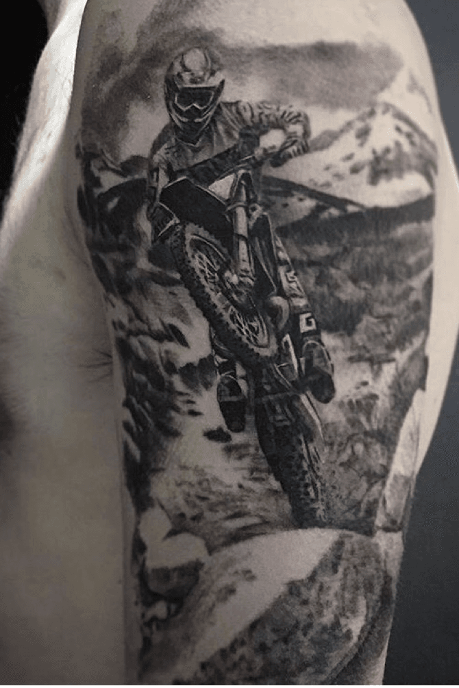 Realism Dirt Bike And Mountain And Lake Tattoo Idea  BlackInk