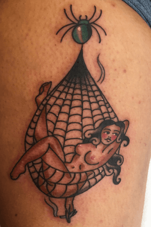This image was inspired by my visit to good life tattoo in costa rica. It was a really great place. #pinupgirl #traditionaltattoo #spidertattoo