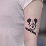 Tattoo by DSMT #DSMT #MickeyMousetattoo #MickeyMouse #Disney #mouse #animal #cartoon #blackwork #text #whocares #warped