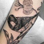 Tattoo by Fabingg #Fabingg #naturetattoo #illustrative #bird #feathers #wings #whiteink #flowers #floral #nature #animal #tigerlily #leaves #plant