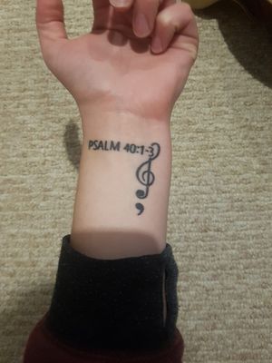 My first tattoo! Got it done in November 2017 by Derek Burton at Art & Soul Tattoo in Winnipeg. "I waited patiently for the lord to help me, and he turned to me and heard my cry. He pulled me out of the pit of despair, out of the mud and the mire. He set my feet on solid ground and steadied me as I walked along. He has given me a new song to sing, a hymn of praise to our God. Many will see what he has done and be amazed. They will put their trust in the lord." Psalm 40:1-3 I designed the tattoo myself. it represents my love for the lord, music and my battle with mental health issues.