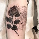 Tattoo by Miss Juliet #MissJuliet #naturetattoo #rose #flower #floral #leaves #thorns #plant #spiderweb #dewdrops #spider #blackandgrey #illustrative