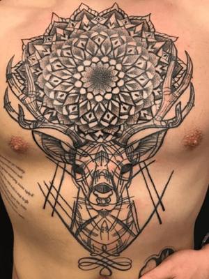 Mandala stag chest piece #mandala #geometric #dotwork #stag #deer #chesttattoo 