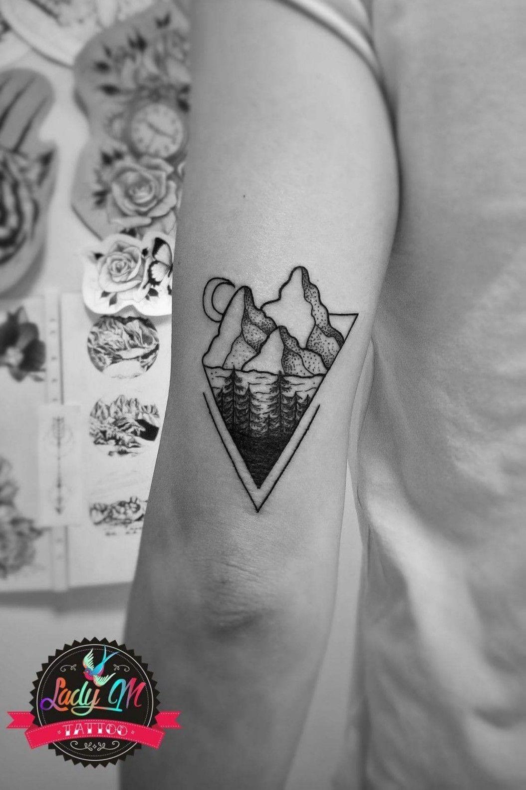 Lovely Tippy Mountains With Trees And Half Moon Tattoo On Forearm