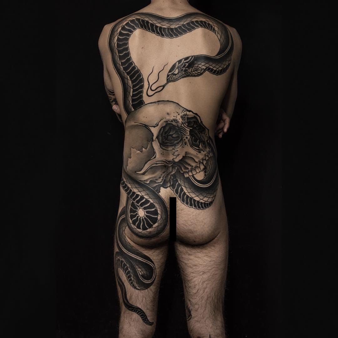 Tattoo uploaded by Tattoodo • Tattoo by Zac Scheinbaum #ZacScheinbaum  #naturetattoo #blackandgrey #skull #snake #reptile #bodysuit #backpiece  #death #life #serpent #illustrative • Tattoodo