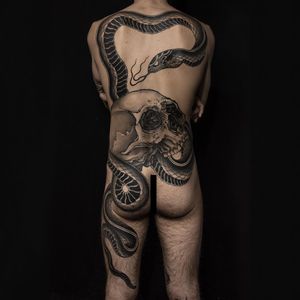 Tattoo by Zac Scheinbaum #ZacScheinbaum #naturetattoo #blackandgrey #skull #snake #reptile #bodysuit #backpiece #death #life #serpent #illustrative