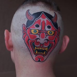 Tattoo by Andrei Vintikov #AndreiVintikov #Hannyatattoo #color #Japanese #Hannya #yokai #demon #ghost #mask #horns