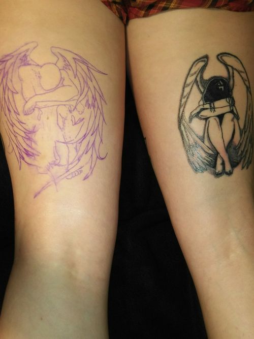My fallen angel tats on the back of my thighs