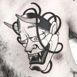 Tattoo by Oscar Hove #OscarHove #blackwork #Japanese #Hannya #yokai #demon #ghost #mask #darkart #evil #horns