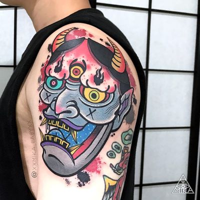 Tattoo by Mika Baby #MikaBaby #color #Japanese #Hannya #yokai #demon #ghost #mask #darkart #evil #horns #spider #monster #thirdeye #eyes #newschool #fire #splatters #popart