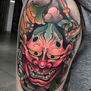 Tattoo by Oash Rodriguez #OashRodriguez #Hannyatattoo #color #Japanese #Hannya #yokai #demon #ghost #mask #neotraditional #horns