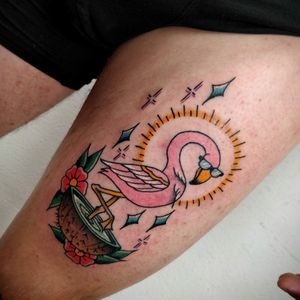 European / American traditional old school flash flamingo flowers coconut tattoo