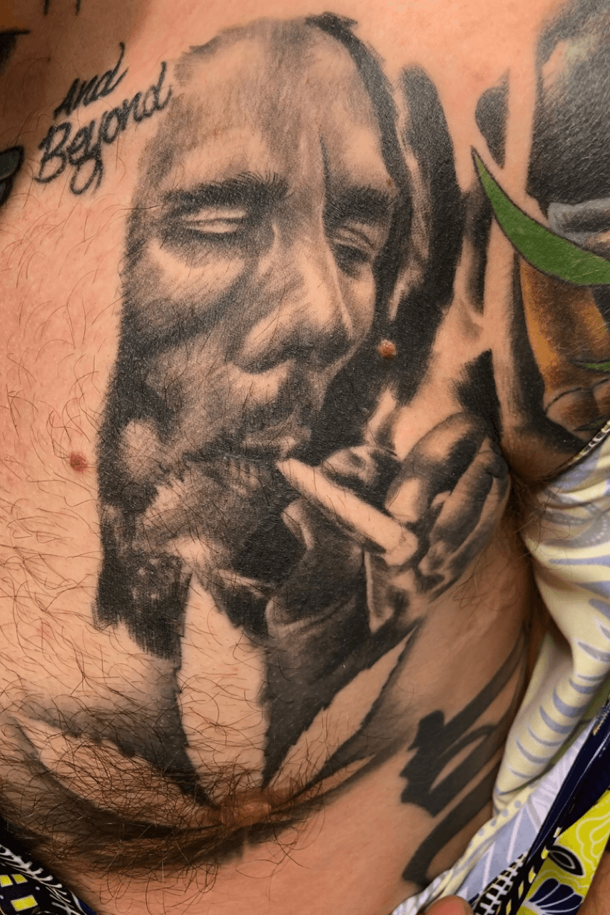 Portrait Realistic Bob Marley Thigh Tattoo by El Loco Tattoo Lounge