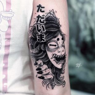 Tattoo by Ooqza #Ooqza #Hannyatattoo #blackwork #anime #manga #illustrative #japanese #Hannya #yokai #demon #ghost #mask #surrealistic #wickedness #horn #kanji #darkart