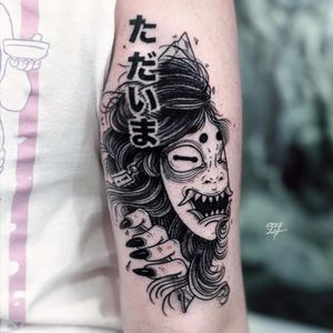 Tattoo by Ooqza #Ooqza #Hannyatattoo #blackwork #anime #manga #illustrative #Japanese #Hannya #yokai #demon #ghost #mask #surreal #evil #horns #kanji #darkart