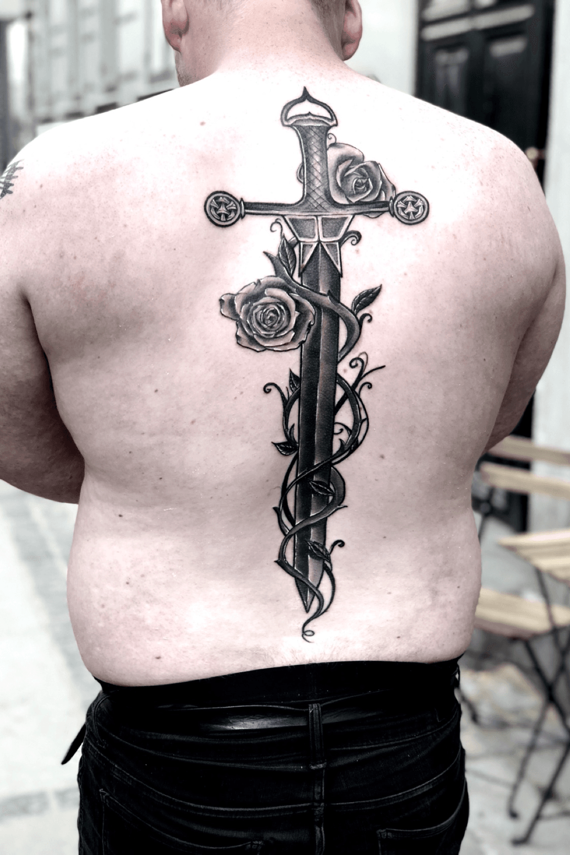Angel Wings And Sword Tattoo On Back Body