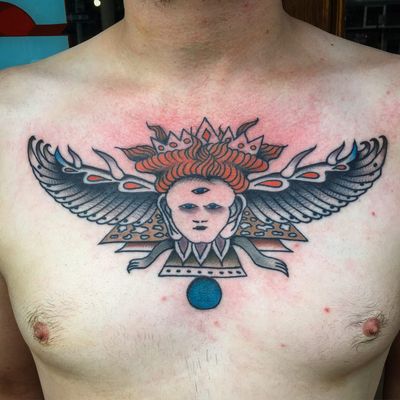 Tattoo by Matt Bivetto #MattBivetto #surrealtattoo #surreal #strange #creature #thirdeye #mythicalcreature #wings #feathers #crown #portrait #face #moon