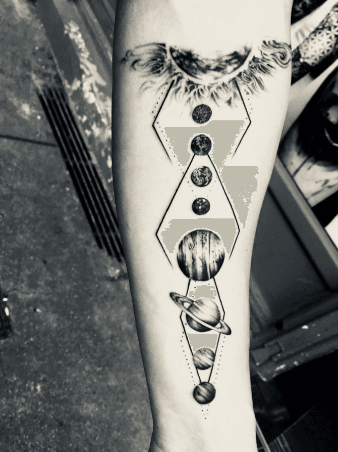 Solar system tattoo on the inner forearm