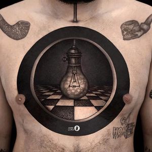 Tattoo by Jamie Luna #JamieLuna #surrealtattoo #blackandgrey #surreal #strange #lightbuld #checkerboard #opticalillusion #idea #creative #blackink