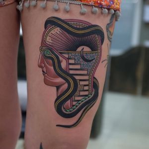 Tattoo by Andrei Vintikov #AndreiVintikov #surrealtattoo #surreal #strange #portrait #color #stairs #moon #sun #pattern #snake #serpent #head #eye #mind #dream
