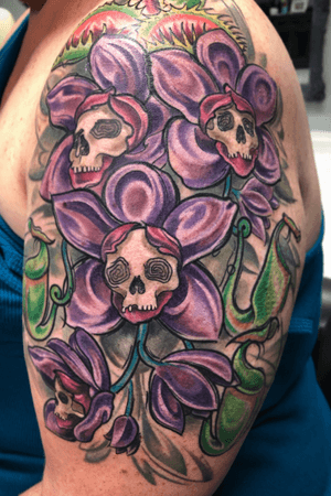 Illustrative gunge skull orchid flower tattoo