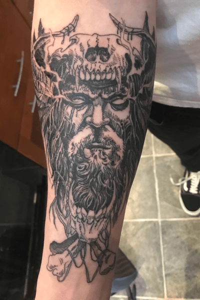 YBBS City Tattoo - Odin god of war already 3 weeks healed!!! #vikings #odin  #vikingtattoo #blackandgraytattoo #armtattoo #warrior #tattooartist #art  #ycstyle #3370 #peace✌️