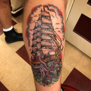 Los Angeles tattoo studio: Classic Tattoo Fullerton, done by Tim Hendricks #traditionaltattoo #sailor #octopustattoo #losangeles
