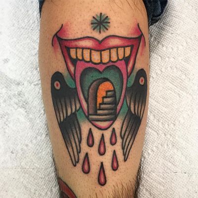 Tattoo by Phila aka Degusted #Phila #Degusted #surrealtattoo #surreal #strange #traditional #color #mouth #smile #tongue #wings #feathers #blood #stairs #star