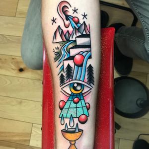 Tattoo by Rukus #Rukus #surrealtattoo #color #traditional #landscape #stairs #water #eye #thirdeye #shapes #opticalillusion #chalice #goblet #tears #surreal #strange