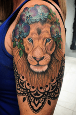 Color realism lion with orchids and mandala background