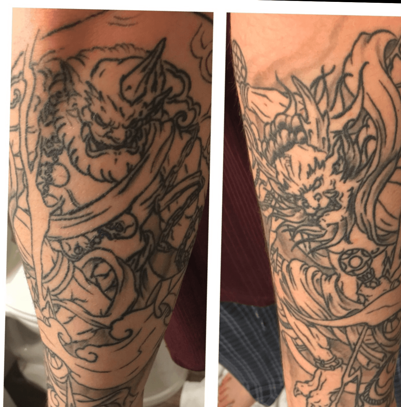 Brock Fidow Tattoos  Fujin and Raijin lower leg for Damon Had heaps of  fun with this one would love to do more Japanese gods These two are the  god of thunder