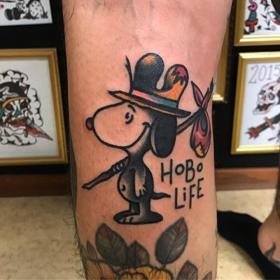 Tattoo by Matt Machine Andersson aka straydogstattoo #MattAndersson #straydogstattoo #besttattoos #Snoopy #hobo #text #dog #Peanuts #cartoon #travel #cute