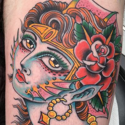 Tattoo by Klem Diglio #KlemDiglio #besttattoos #lady #color #traditional #portrait #ladyhead #mermaid #mythicalcreature #rose #flower #leaves #nature #ocean #oceanlife #jewelry #crown