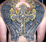 Healed Angel Wings with Cross Neo Traditional Full Back Tattoo! Many hours of labor went into this tattoo but well worth the workload seeing how much the client enjoys the tattoo. 