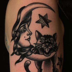 Tattoo by Dave Halsey #DaveHalsey #moontattoos #moontattoos #moon #sky #stars #space #dream #blackandgrey #traditional #cat #kitty #petportrait #lady #ladyhead #crescentmoon
