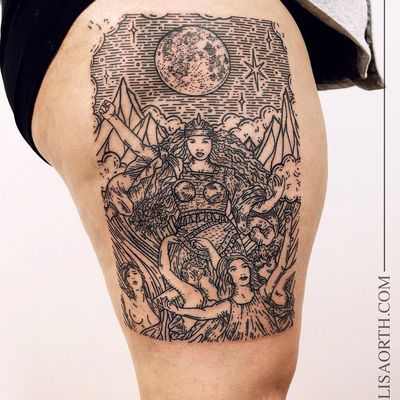 Tattoo by Lisa Orth #LisaOrth #moontattoos #moontattoos #moon #sky #stars #space #dream #portrait #ladies #goddess #warrior #linework #illustrative #mountains #clouds