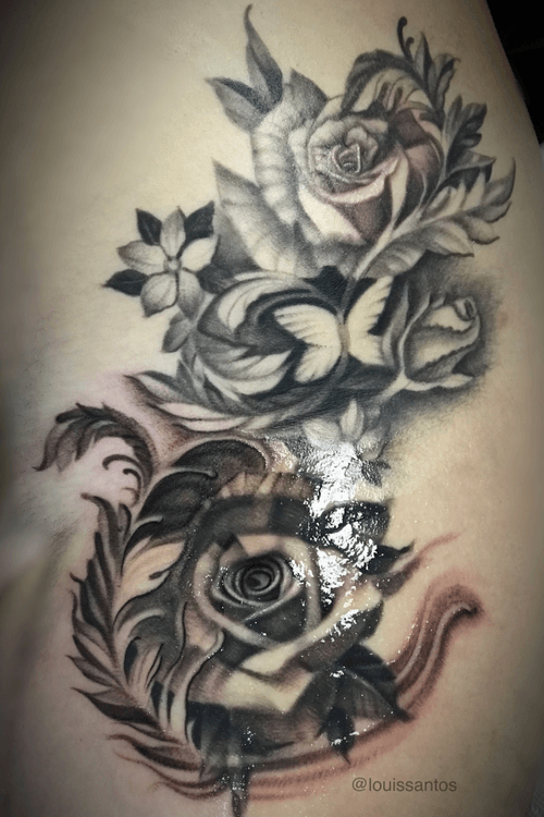Black and grey realism, rose with butterfly